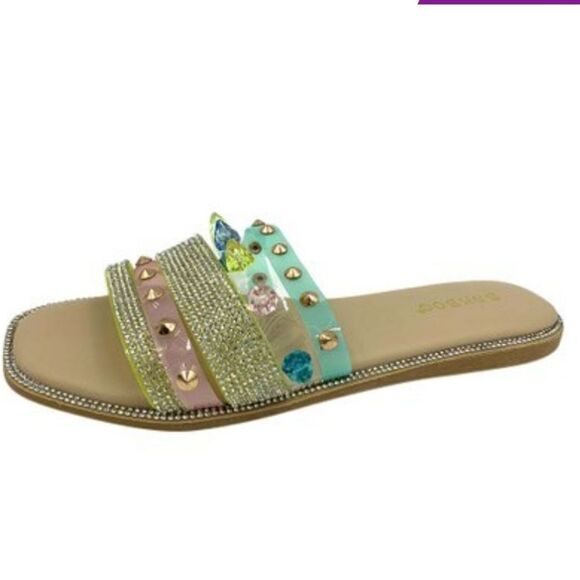 BRAND NEW ROUGE STUDDED RHINESTONES EMBELLISHMENTS SLIDE SANDAL - Picture 1 of 15